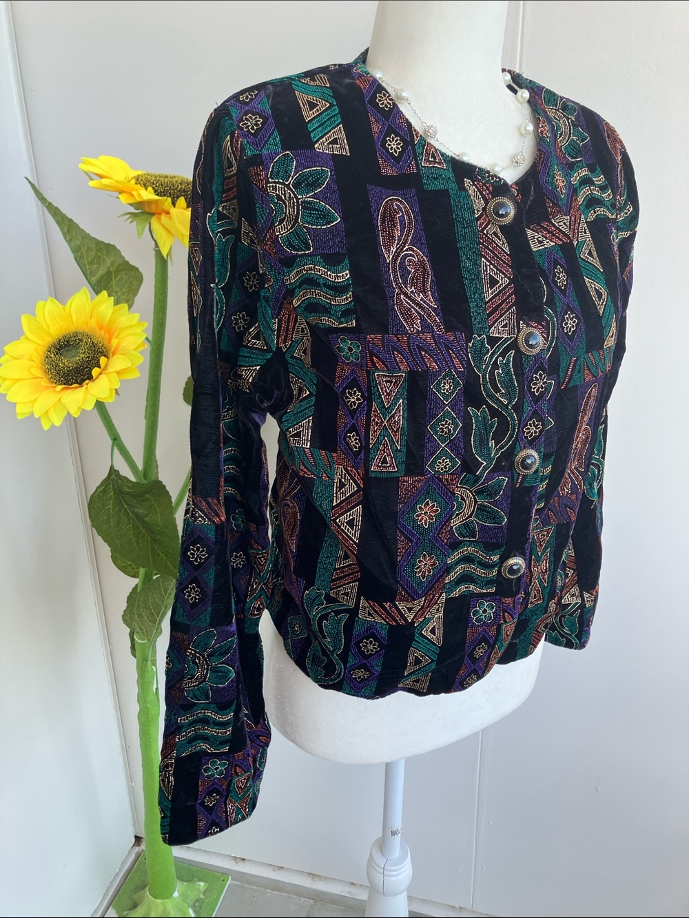 Vintage 80s Black Velvet Glittery Statement Geometric Print Button Up Blazer